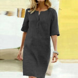 Winter Autumn Button Cotton Linen Dress women Elegant O-Neck Knee length Long Sleeve Pocket Solid Dress Plus Size