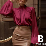 2022 Fashion Women's Satin Blouses Celmia Elegant High Collar Tunic Tops Luxury Solid Silky Shirts Lantern Sleeve Blusas