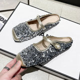 Semi-Slippers Women's 2024 Summer New French Sequins Temperament Square Head Soft-Soled Single Shoes Wear Sandals And