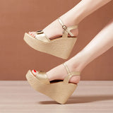 New High Slope Heel Sandals Women's Muffin Thick Bottom Waterproof Table One Word Buckle Gold Small Size 3233 Fish Mouth