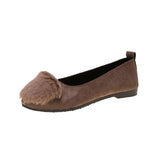 Flat Winter Autumn Shallow Shoes Big Size Loafers Candy Colors Black Gray Fur Sweet Slip On Faux Suede Ladies