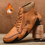 o'clock Autumn Leather Vintage Men Boots Fashion Street High-top Shoes Winter Warm Lined Handmade Lace-up Botas de
