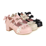United States Women's Lolita Shoes Vintage Sweet Straps Bows Mary Janes Shoes Round Toe Chunky Mid Heel Platform Pumps