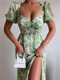 New Puff Sleeve Maxi Boho Dresses Women Sexy Low Chest V Neck Chic Dress 2022 Elegant Pattern Print Button Slit Long Party