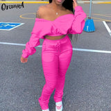 2021 Summer casual women off shoulder top stacked leggings two piece outfits sporty fitness activewear slim matching