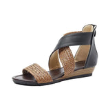 Fashion New Fish Mouth Leather Canvas Women Weave Wedge Heel Shoes Zipper Sandals Casual Beach Sandals Roman