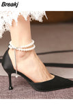 2023 Silk Ankle Pearl Strap Design Fashion Wedding High Heels Women Pumps Stiletto Dress Wedding Bridal Shoes Size