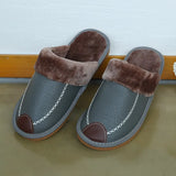Leather Slippers Winter PU Leather Slippers Warm Indoor Slipper Soft Waterproof Home House Shoes Men Warm Leather
