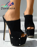 Female Mules Heels Corduroy Thin Heels Peep Toe Slip-On Super High Heel Rivet High Platform Mature Women's