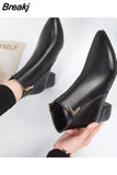 Women Boots Casual Leather Low High Heels Spring Shoes Woman Pointed Toe Rubber Ankle Boots Black Red Zapatos