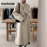 Women Elegant Office Long Wool Coat With Belt Long Sleeve Double Breasted Coat Overcoat Female Chic Outerwear