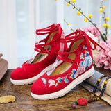 Breakj White Sole Embroidered Cloth Shoes High Heel Slope Canvas Embroidered Women's Singles Shoes Lace Retro National Style Cloth