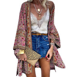 Boho Print Floral Beachwear Kimono Cardigan Loose Long Sleeve Shawl Capes Blouse Bikini Cover Wrap Outdoor Thin Coat