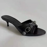 Breakj Good Look! Retro Black Rivet Buckle High Heel Women Casual And One-Word