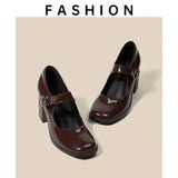 And Autumn French Black Round-Headed Mary Jane Shoes Children's Thick-Heeled Single Shoes Waterproof Platform High-Heeled Shoes Buckle Women's