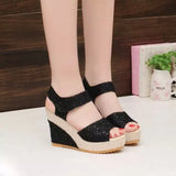 Breakj Summer New Slope And Fish Mouth Sandals Women's Casual Loose Cake Thick Sole High Heel Magic Sticker Women's