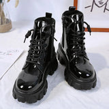 Toe Med Heel Boots Women Shoes Autumn Boots-women Booties Ladies Lace Up Luxury Designer Lolita Black 2021 Rubber