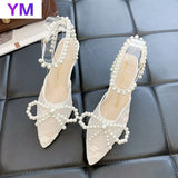 Mesh Pearl Bowknot Queen Women Sandals Bridal Fine High Heels Sandals Wedding Shoes Zapatos De Mujer Tacon Saltos Feminino