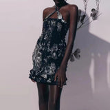 2025 Spring New Fashion Temperament Printing Design Wood Ear High-End Sense Short Hanging Neck Dress