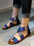 2022new women's flat sandals summer zipperopen toe women's shoes plus size beach leathersandals retro print ethnic style