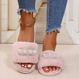Hairy Slippers Pearl Fashion Flat Slippers Women's Home Leisure Anti-Rabbit Cotton Slippers Big