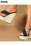 Club Queen Lady Sandals Plus Size 2023 Summer Wedge High Heeled Slipper Straw Bottom Simply Causal Platform Sandals
