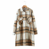 Women Khaki Plaid Long Woolen Jacket Female Fashion Turn-down Collar Coat Girls Chic