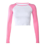 Casual Patchwork Long Sleeve Crop Top T Shirt Fashion Basic Cotton Tshirt Women Fashion Slim Korean Tee Shirt