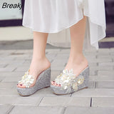 Summer Flower Decoration Platform Wedges Sandals Women Fashion Silver High Heels Female Summer Gold Shoes Size