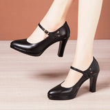 Model Catwalk High Heels, Pointed Black Professional Work Shoes, Large Size One-Word Buckle Soft Leather