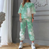 Spring Summer New Women O Neck Print Fashion Casual Set Elegant Mid Sleeves Long Pants Loose Pullover Soft Streetwear