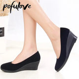 Women's Medium Wedge Shoes Black PU High Heel Office Ladies Spring Slip Slip Fashion Mom Oxford