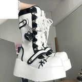Women Lolita Cross Belt Buckle Round Toe Gothic Punk Ankle Boots Shoes Platform Wedge High Heel Creepers Japanese
