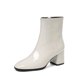 Breakj Women's Boots Coarse And Short Boots Side Zipper Patent Leather Solid White Women Boots Martin Boots Large Size Women's