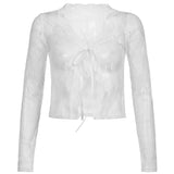 White Lace Sexy Mesh Cropped T Shirt Ladies Autumn Grunge Gothic T-shirt Women See Through Long Sleeve Tee