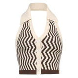 Halter Sleeveless Knitted Crop Top Women Sexy Backless Tank Top Autumn Print V Neck Vest Ladies Button