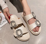 Rhinestone Belt Buckle Slippers Women Thicken Sole Shoes Ladies Casual Slides Outdoor Flipflops Silver Beach Sandals
