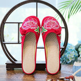 Breakj Retro Plate Buckle Decoration Peony Embroidered Canvas Summer Color Cool Slippers