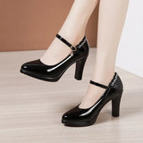 Leather Catwalk High Heel Women's Pointed High Heel Thick-Soled Waterproof Platform Professional Black Work Shoes Large-Size Single