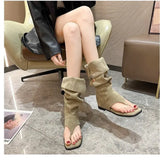 The Summer Of 2024, The New Knight High Boots Khaki Stack Boots, Thin Vintage Long Boots, Flip-Toed