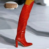 Leather Knee High Boots Women Sexy Chunky High Heels Long Boots Female Winter Party Shoes Cowboy Knight