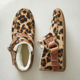 Ankle Boots Vintage Sewing Rivets Metal Buckle Ladies Leopard Women Retro Casual Soft Flock Female Plus Size Flat