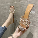 Silver Champagne Women's Sandals Summer New Shoes Pearls Clear Heel Open Toe Comfort Pvc Sexy Square Heel Zapatillas Casa
