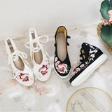 Breakj White Sole Embroidered Cloth Shoes High Heel Slope Canvas Embroidered Women's Singles Shoes Lace Retro National Style Cloth