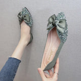 Spring Lace Bowknot Flats Women Glitter Crystal&Beads Ballets Shoes Ladies Pointed Toe Loafers Dress Slip On Moccasins