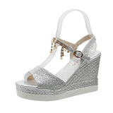 New Women Wedge Sandals Summer Bead Studded Detail Platform Sandals Buckle Strap Peep Toe Thick Bottom Casual Shoes