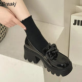 Jane Shoes Platform Gothic Women Pumps Fashion Square Toe Female Shallow Thick Heel Elegant Women's Single Leahter