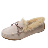 Bowtie Fur Mocasines Women Mink Hair Boots Winter Plush Warm Flats Genuine Leather Loafers Femmes Shearling Cotton