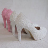 Breakj Lace Heels Wedding Shoes Lace Pearl Shoes Size Fine Heel Waterproof Shoes