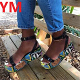 Drop shipping Women Sandals Wedge Summer Ankle Strap Women's Shoes Open Toe Boho Color Snake Pattern Plus Size